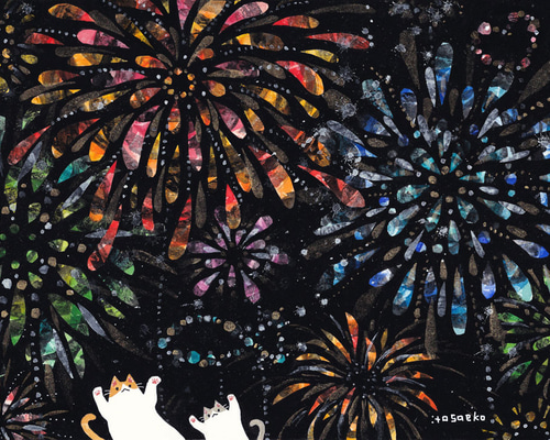 「 花火じゃらし 」B5大きめ 花火 盆おどり 猫イラスト 色鉛筆画 f6a9dcc9a27f40186292329675e2fd