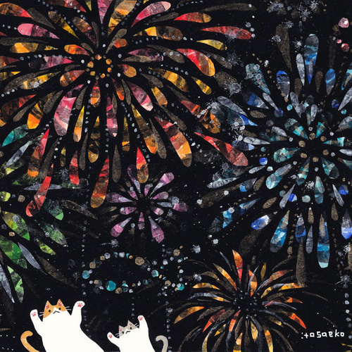 絵画「花火が嬉しいネコたち」 絵画 伊藤彩恵子 通販 16827267
