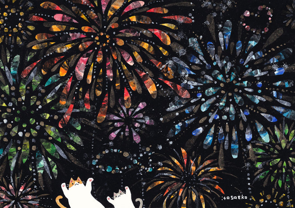 絵画「花火が嬉しいネコたち」 絵画 伊藤彩恵子 通販 16827267