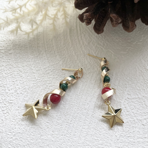 マラカイトとレッドコーラルのクリスマスツリーなピアス ピアス