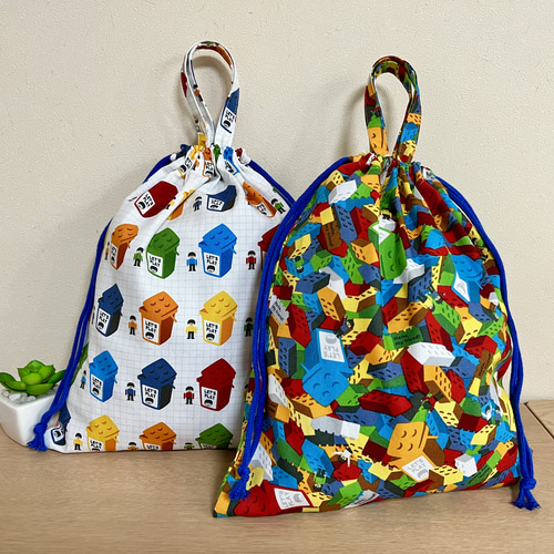 絵本袋　体育袋　給食袋　お道具袋 サイズ、紐の色選べます♪大きな巾着袋 ブロック 積み木 体操着入れ お