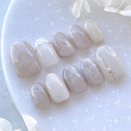 アイボリー ベージュ 水彩 たらしこみ フラワー ネイルチップ