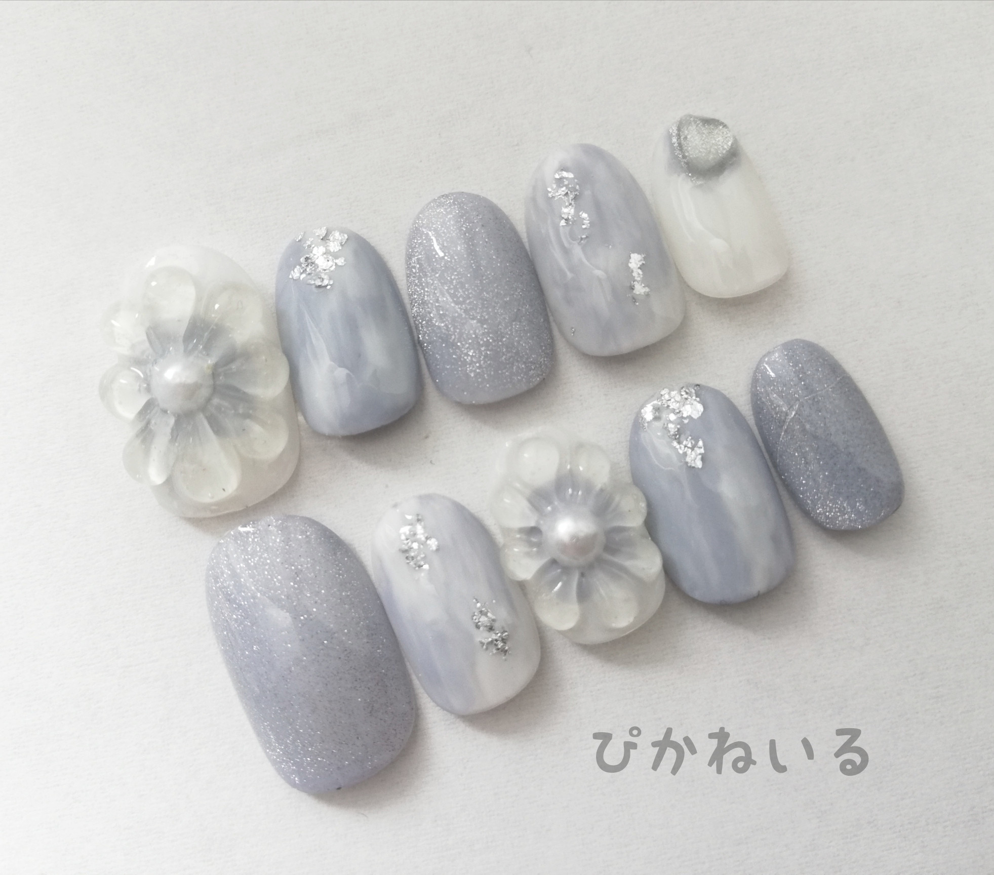 くすみブルー,フラワー,もやもやカラー,秋冬ネイル ネイルチップ