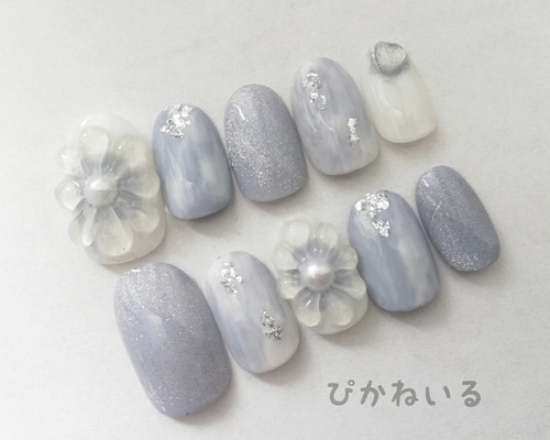 ニュアンスネイル くすみ ネイルチップ　オーダー　もやもやネイル サイズオーダー無料】くすみブルー ブラウン もやもやニュアンス