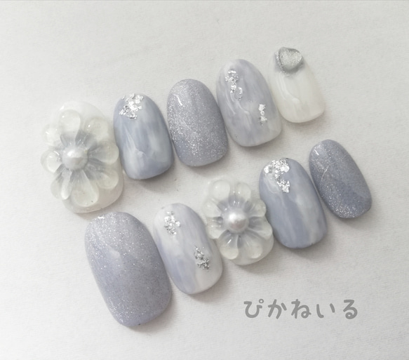 くすみブルー,フラワー,もやもやカラー,秋冬ネイル ネイルチップ（つけ 