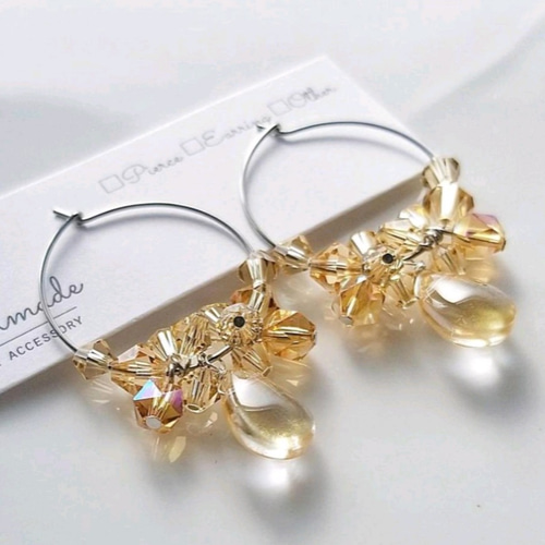 月の雫キラキラフープピアス/ガラスドロップ/ステンレスフープ 