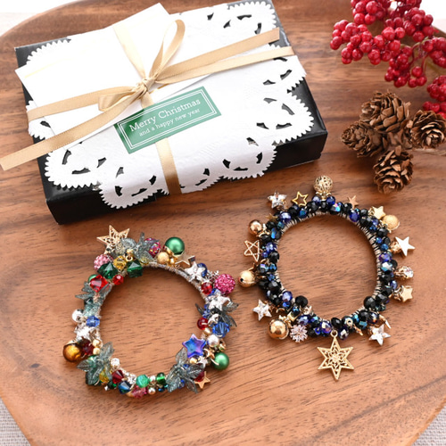 クリスマスコフレ✨煌めく星々＆クリスマスツリー…ビジュー シュシュ 