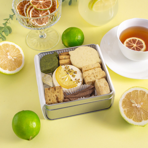 レモンづくしクッキー缶｜アイシングクッキー ギフト 手土産 琥珀糖 レモンピール レモンジャムサンド 2枚目の画像