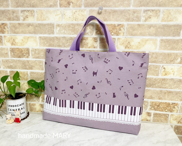 ネコとピアノと音符♪のレッスンバッグ 単品 レッスンバッグ handmade