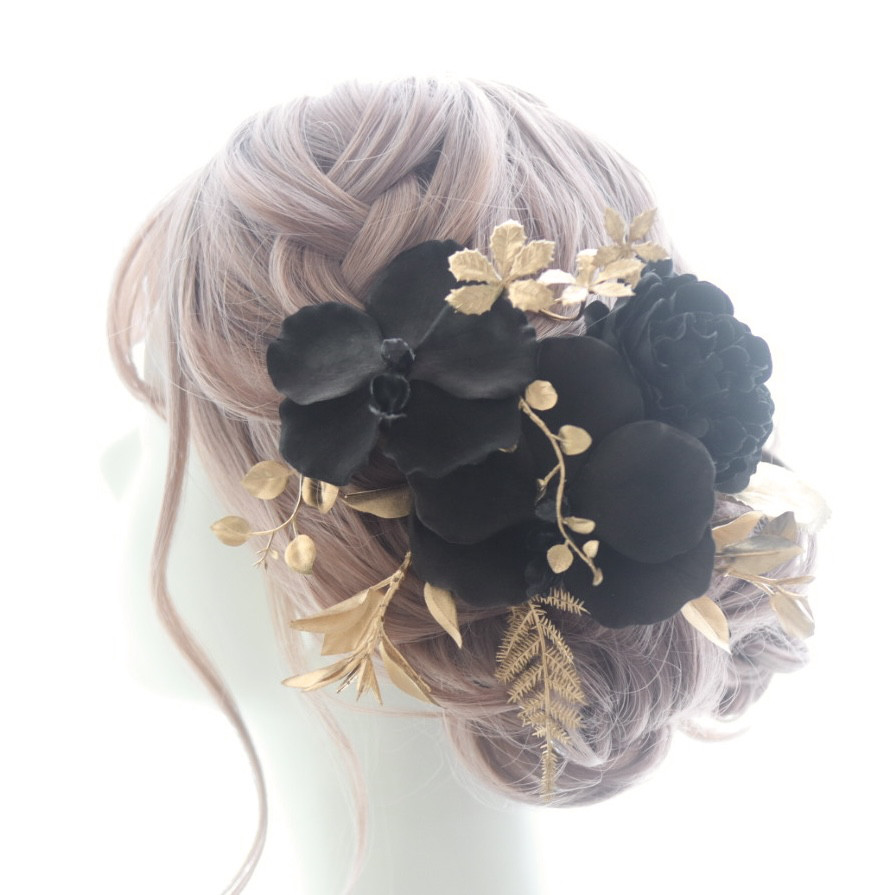 髪飾り　胡蝶蘭　コチョウラン　黒　ゴールド結婚式　ウェディング　成人式　ブライダル　ヘアアクセ　ヘッドドレス
