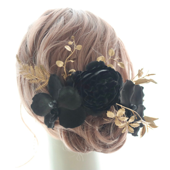 髪飾り　胡蝶蘭　コチョウラン　黒　ゴールド結婚式　ウェディング　成人式　ブライダル　ヘアアクセ　ヘッドドレス　 5枚目の画像