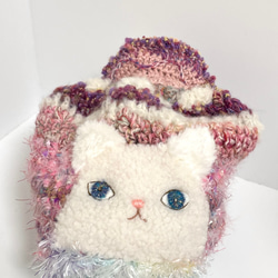気まぐれ編みの猫キャップ　pink 3枚目の画像