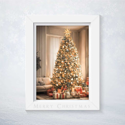 クリスマスツリーポスター 豪華な輝く光の大きなクリスマスツリー、贈り物に囲まれた暖かな楽しい時間 1枚目の画像