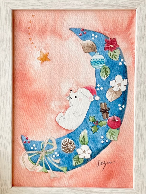 透明水彩画　A4ポスター「しろくまくんのクリスマス」クリスマスポスター　シロクマ　クリスマスリース　冬　リース 2枚目の画像