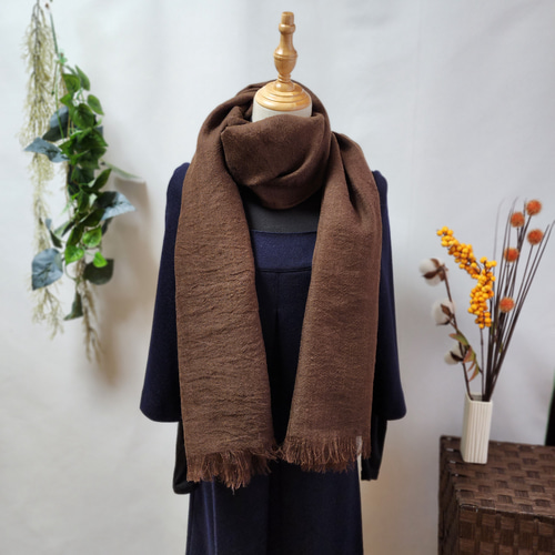 リネン×ウール ガーゼ 大判ストール フリンジ 【ブラウン】 ストール