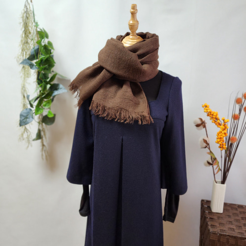 リネン×ウール ガーゼ 大判ストール フリンジ 【ブラウン】 ストール