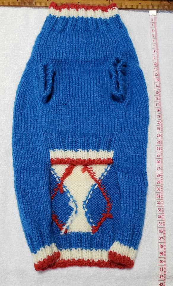 〈お年玉セール〉下記より2割引❤️犬用　手編み　ブルー地、白ひし形、赤線入りセーター 3枚目の画像
