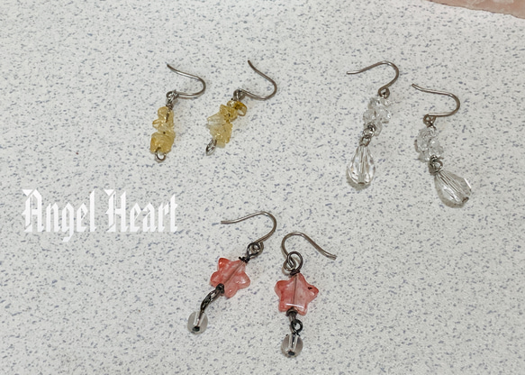 ～Angel　Heart～水晶、ルチルクォーツ、ストロベリークォーツ、3点セット　天然石　ピアス　半額以下 2枚目の画像