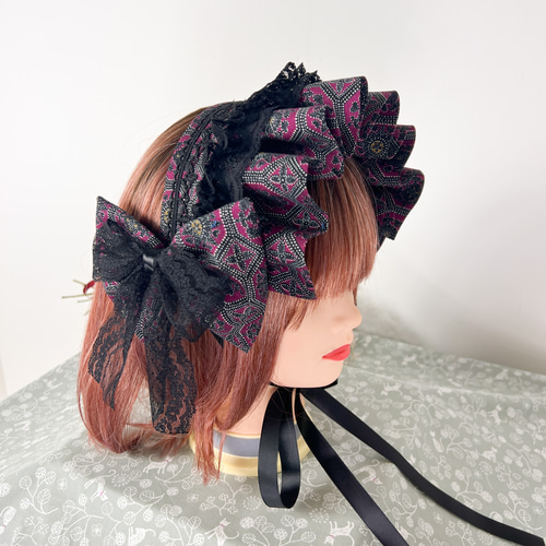 柘榴×黒レース ボンネット風ヘッドドレス ヘッドドレス 柘榴×黒レース ボンネット風ヘッドドレス ヘッドドレス