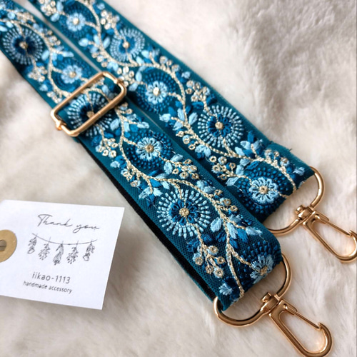 最長130㌢】インド刺繍リボンのスマホショルダー ストラップ ブルー  