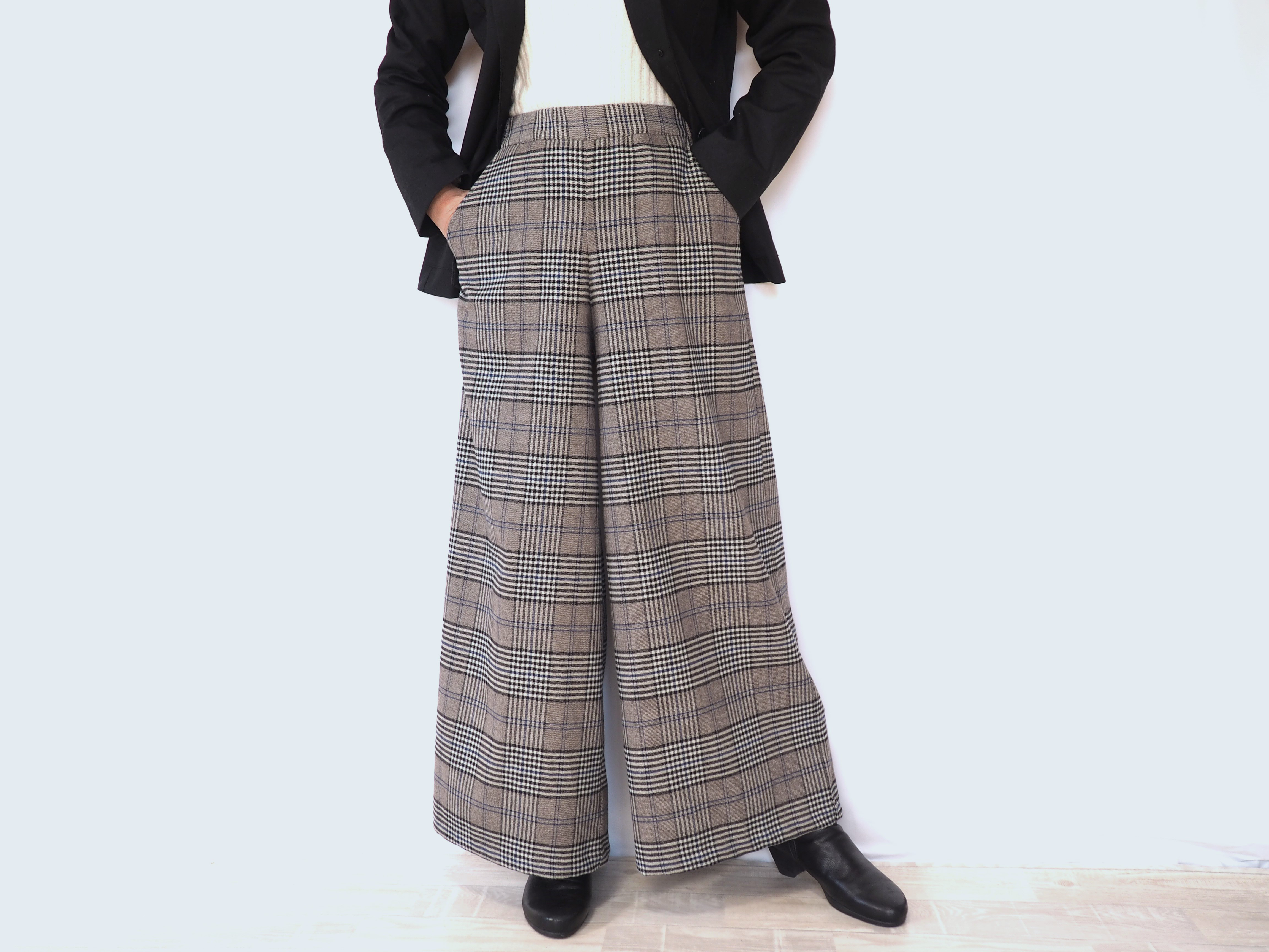 スッキリと履けるワイドパンツ　ストレッチ起毛グレンチェック　ロング丈