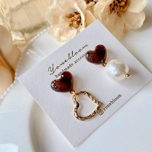 ちゅるんハートピアス♡イヤリング【ブラウン】サージカルステンレス 