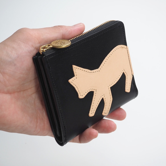 Ｌ字ファスナー 財布（ネコパッチワーク / ブラック）本革 コンパクト 動物 猫 5枚目の画像