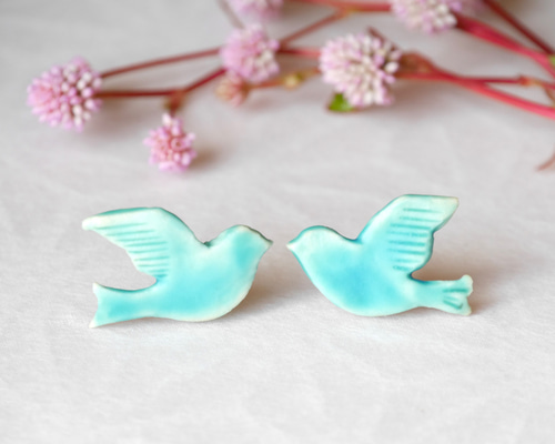 石木文　小鳥　小物入れ　イヤーカフ入れ 青い鳥 イヤーカフ 2個セット 】 陶器 おしゃれ 贈り物 鳥 小鳥 青