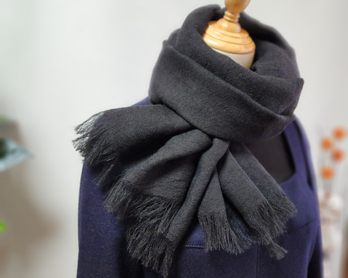 リネン×ウール ガーゼ 大判ストール フリンジ 【ブラック】 ストール