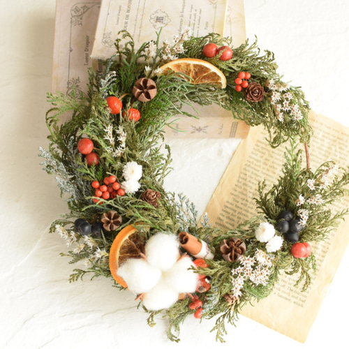 ドライフラワー　フレッシュ　グリーン　クリスマス　三日月　リース　No.52 三日月リース】 Crescent Wreath 通販｜プリザーブドフラワー