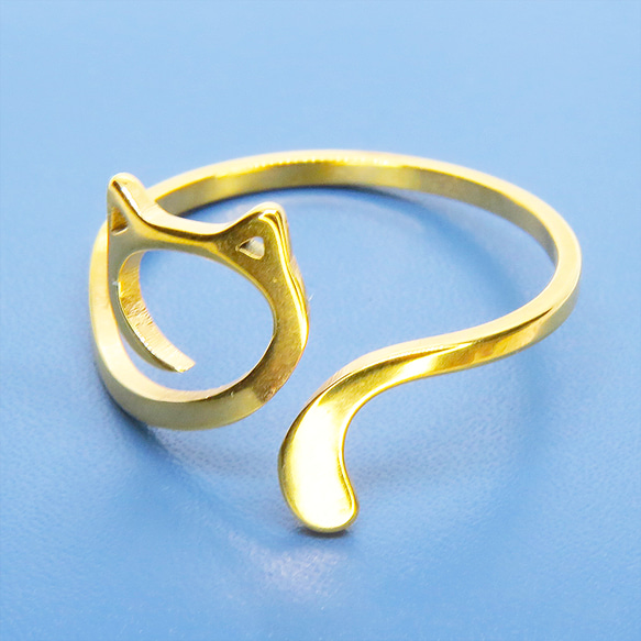 【再販】ステンレス製 ゴールドカラー 柔らかい曲線の猫フェイスシルエットモチーフのリング フリーサイズ 7枚目の画像