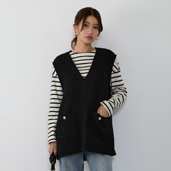 【ふんわり軽いVツイードライクベスト】裏地付き フリンジ 金ボタン　フォーマル　ブラック　再販 10枚目の画像