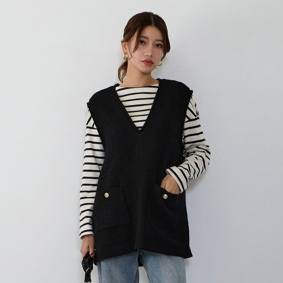 【ふんわり軽いVツイードライクベスト】裏地付き フリンジ 金ボタン　フォーマル　ブラック　再販 10枚目の画像