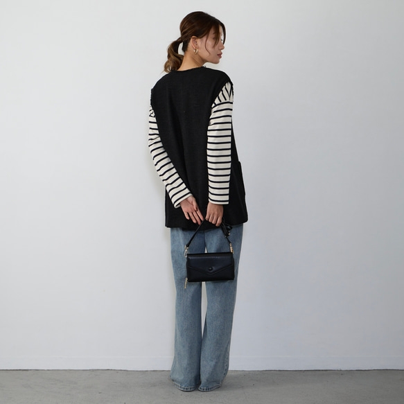 【ふんわり軽いVツイードライクベスト】裏地付き フリンジ 金ボタン　フォーマル　ブラック　再販 13枚目の画像