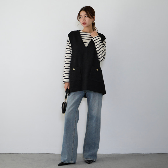 【ふんわり軽いVツイードライクベスト】裏地付き フリンジ 金ボタン　フォーマル　ブラック　再販 12枚目の画像