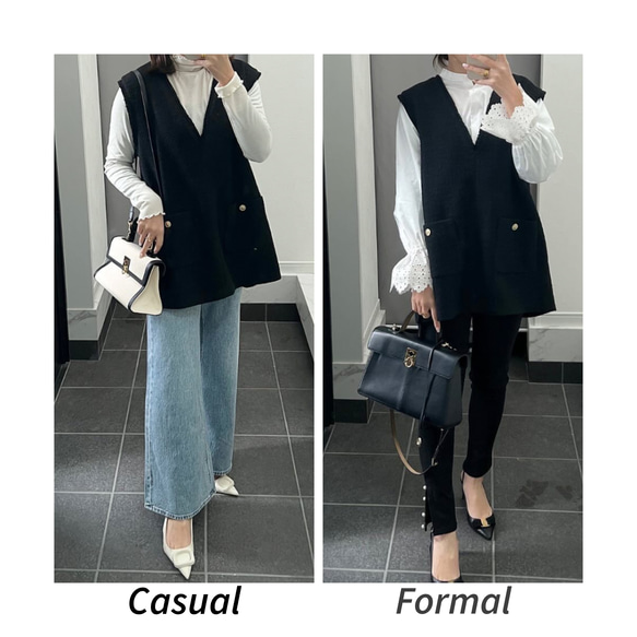 【ふんわり軽いVツイードライクベスト】裏地付き フリンジ 金ボタン　フォーマル　ブラック　再販 7枚目の画像