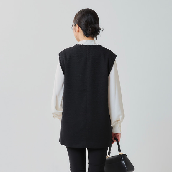 【ふんわり軽いVツイードライクベスト】裏地付き フリンジ 金ボタン　フォーマル　ブラック　再販 6枚目の画像