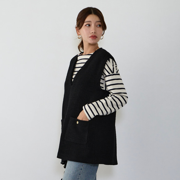 【ふんわり軽いVツイードライクベスト】裏地付き フリンジ 金ボタン　フォーマル　ブラック　再販 11枚目の画像