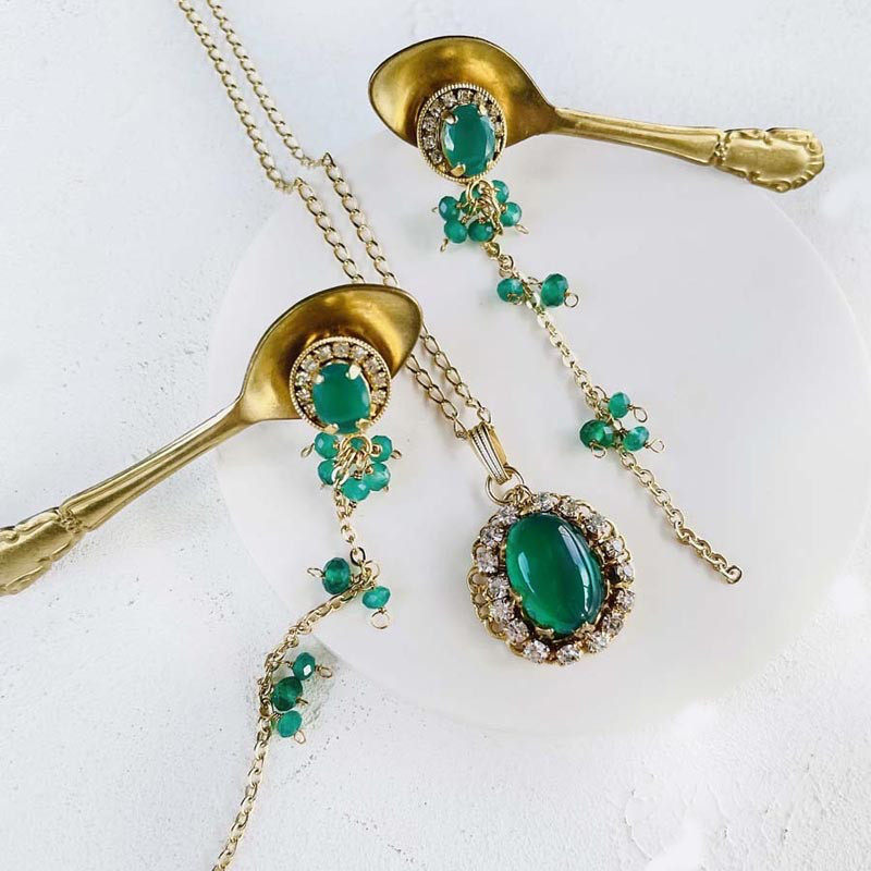 グリーン オニキス ロング チェーン イヤリング ゴールド グリーン オニキス ビジュー 天然石 イヤリング 14KGF