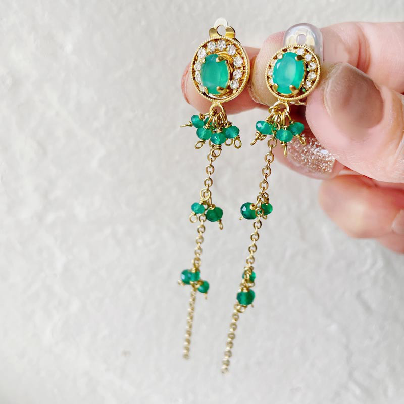 グリーン オニキス ロング チェーン イヤリング ゴールド グリーン オニキス ビジュー 天然石 イヤリング 14KGF