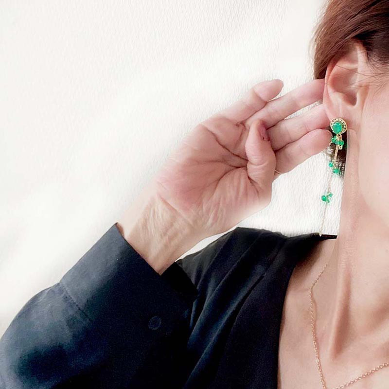 グリーン オニキス ロング チェーン イヤリング ゴールド グリーン オニキス ビジュー 天然石 イヤリング 14KGF