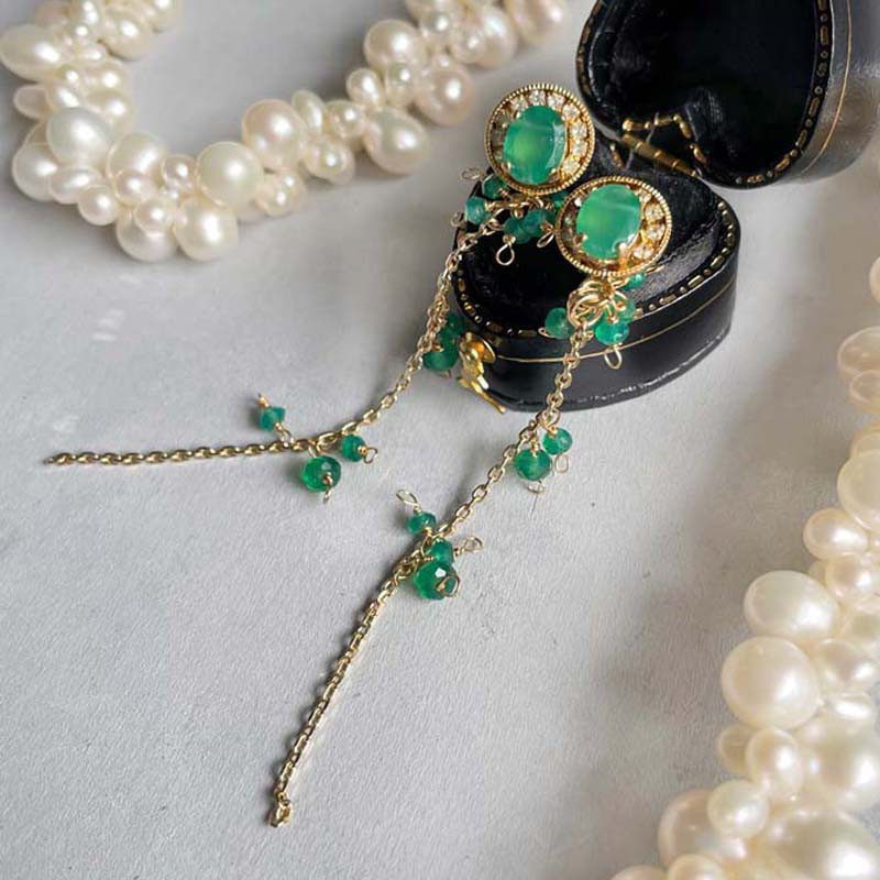 グリーン オニキス ロング チェーン イヤリング ゴールド グリーン オニキス ビジュー 天然石 イヤリング 14KGF