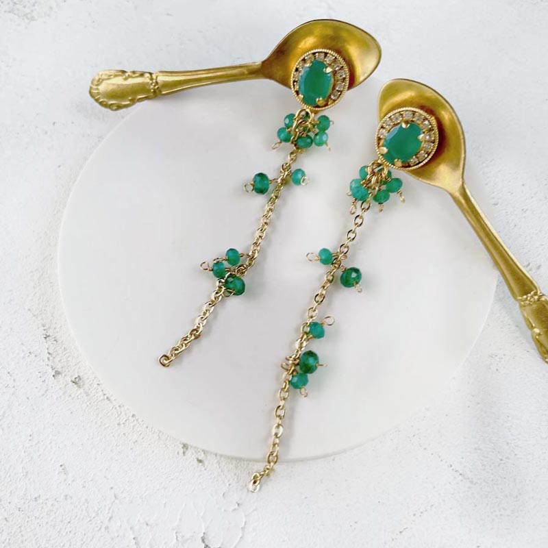 グリーン オニキス ロング チェーン イヤリング ゴールド グリーン オニキス ビジュー 天然石 イヤリング 14KGF