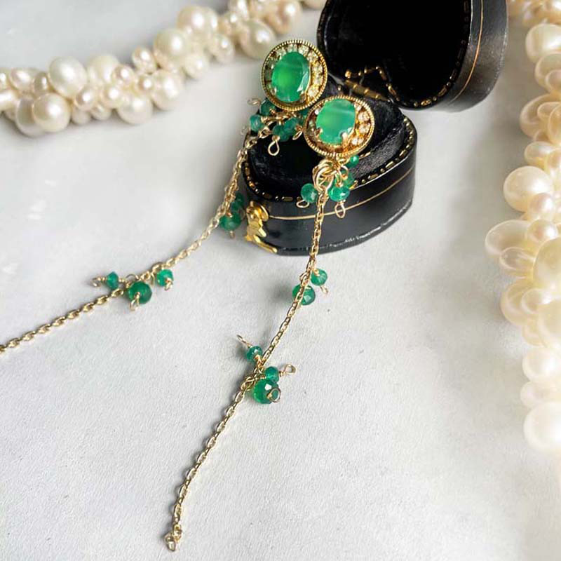 グリーン オニキス ロング チェーン イヤリング ゴールド グリーン オニキス ビジュー 天然石 イヤリング 14KGF