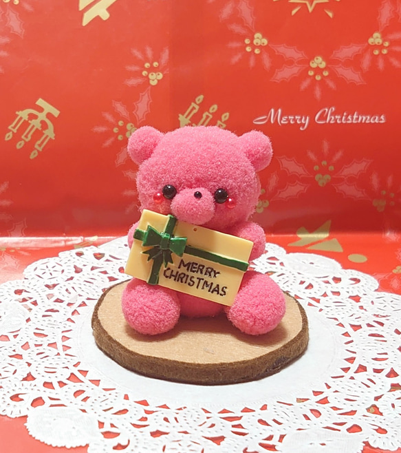 *↟⍋ポンポンXmas⍋↟*【A-4】カップ入り！クリスマスローズピンクベアちゃん( ◍•㉦•◍ )畄♡ 1枚目の画像