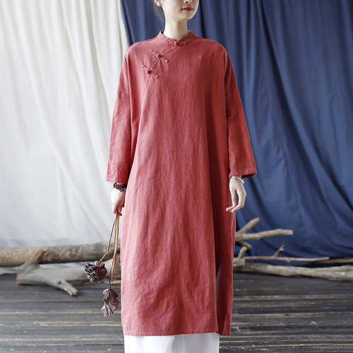 チャイナドレス ワンピース 秋冬用 23106 ワンピース 喜墨綿麻