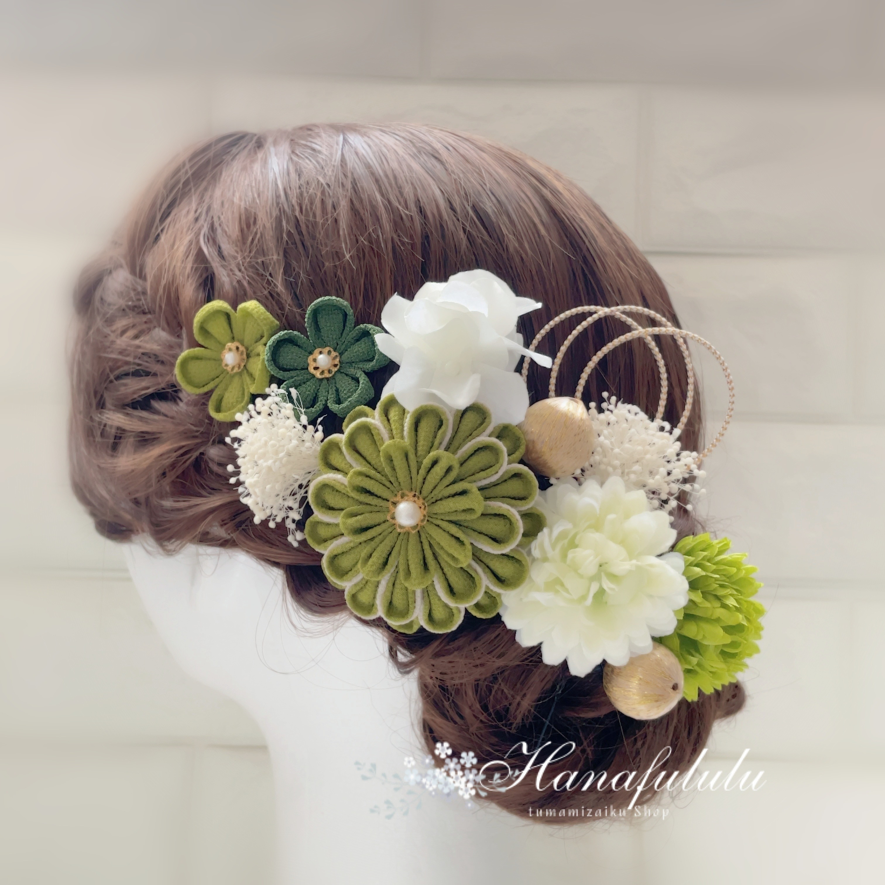 うぐいす＊華マム＊かすみ草❁振袖髪飾り【和 つまみ細工】結婚式・成人式・卒業式