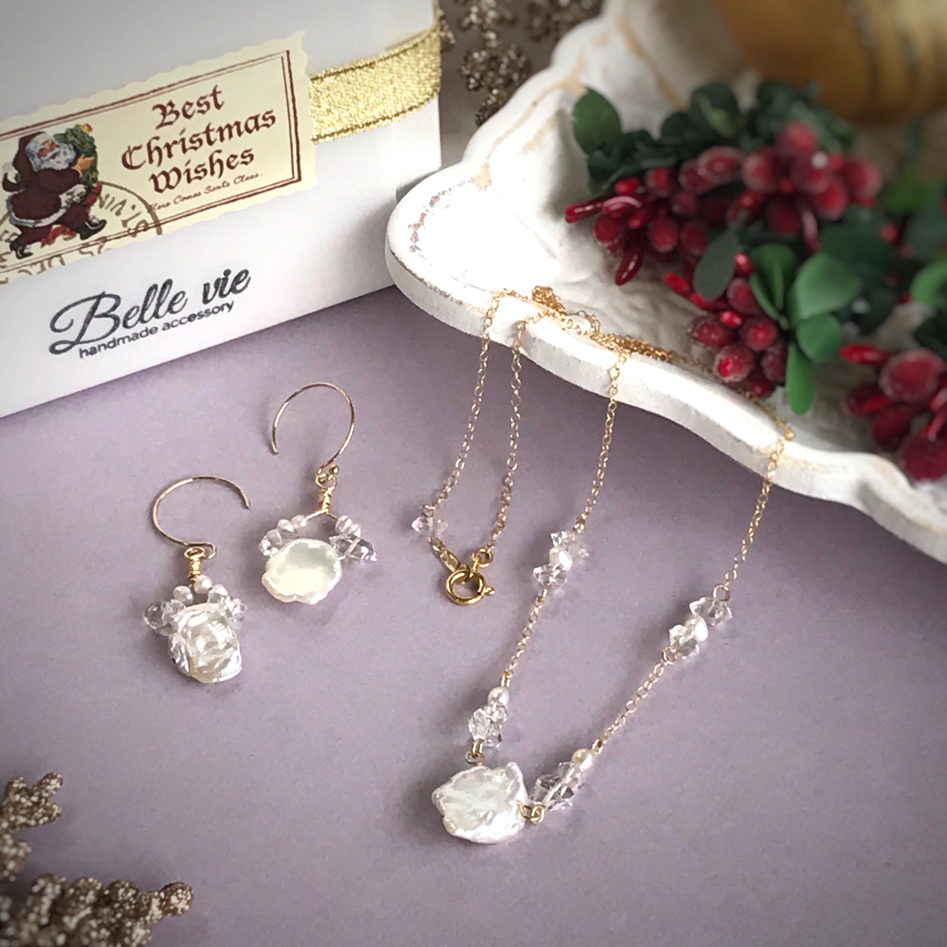 淡水パールとハーキマーダイヤモンドのネックレス＆ピアス（１点もの）