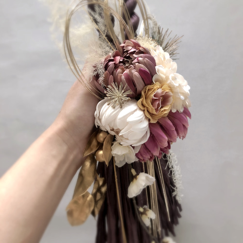 ダリア・菊・梅のしめ飾り/アーティフィシャルフラワー/おしゃれしめ縄  