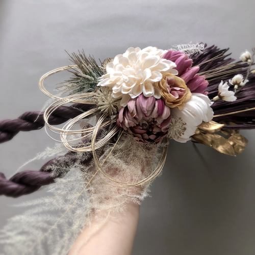 ダリア・菊・梅のしめ飾り/アーティフィシャルフラワー/おしゃれしめ縄  